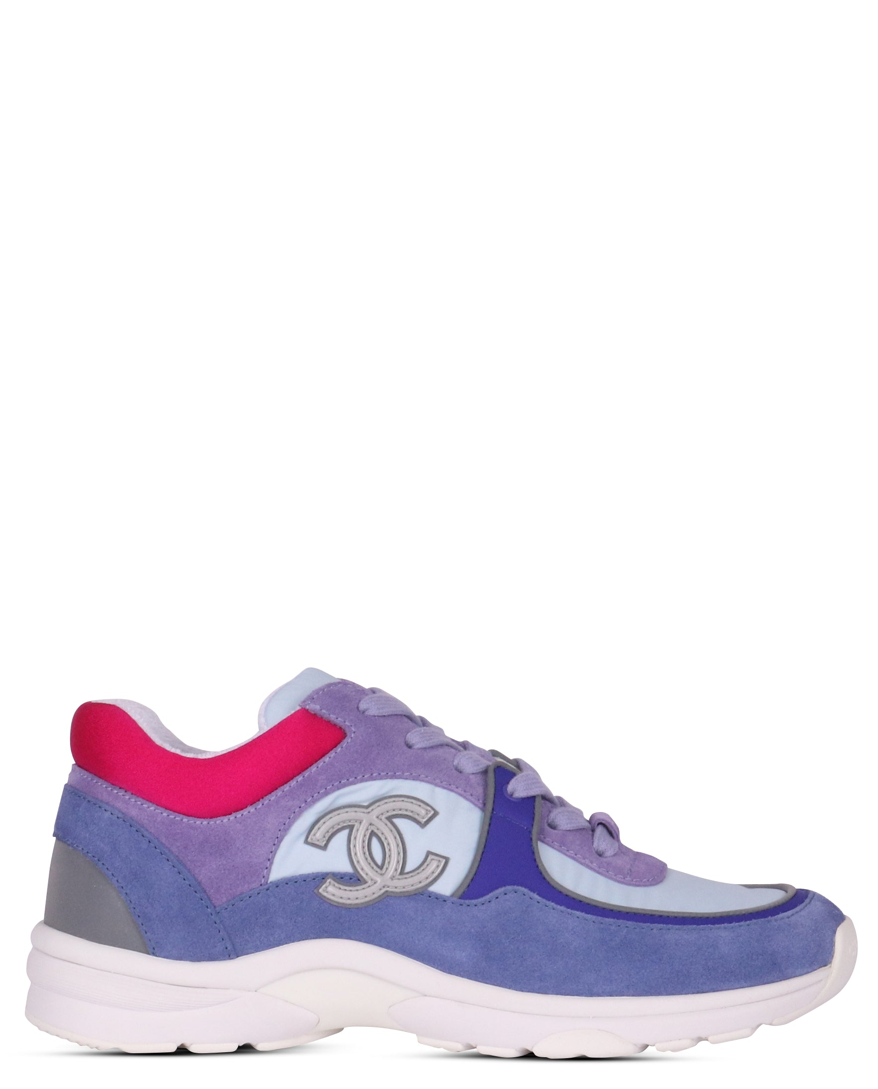 CHANEL Nylon Lambskin Suede Calfskin CC Sneakers 37 Green Purple Pink  886295