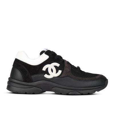Chanel Black Suede, Nylon and Leather CC Low-Top Sneakers Size 45 Chanel