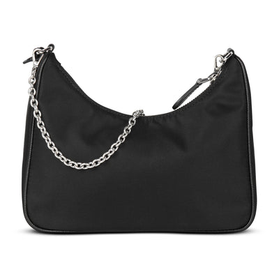 Prada black re edition 2005 nylon shoulder bag with detachable strap and chain back